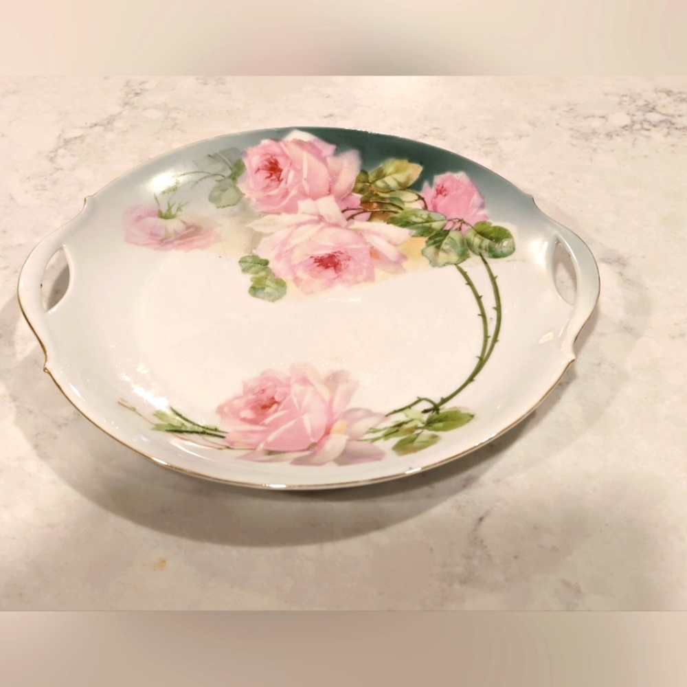 Vintage Bavaria Germany With Double Handle Plate With Pink Roses